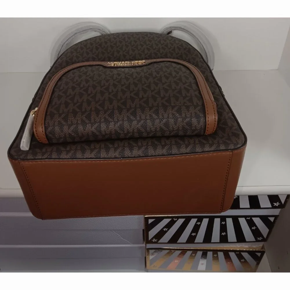 Michael Kors Brown Logo Dome Backpack with Tan Trim - Picture 13 of 14